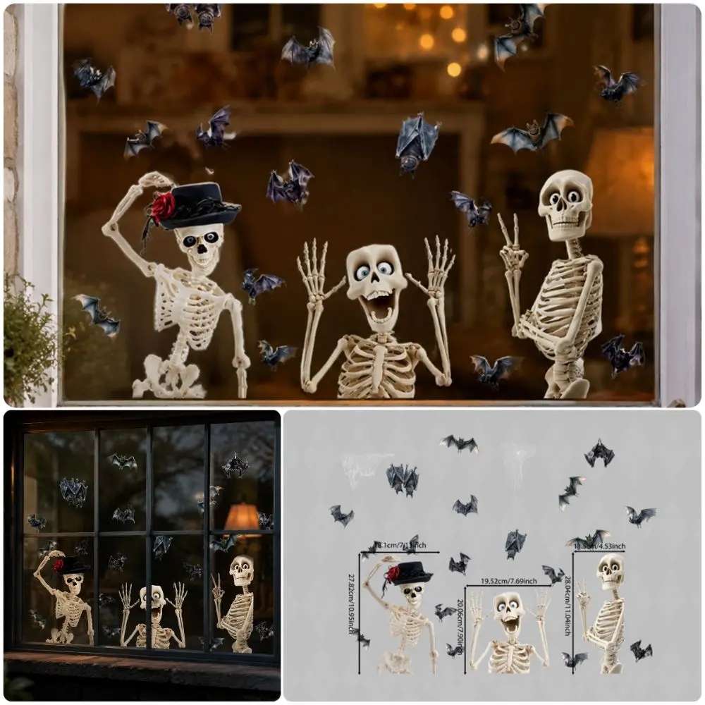 Cartoon Skeleton Halloween Window Stickers Electrostatic Photo Props Bat Glass Stickers Waterproof DIY Static Cling Decals
