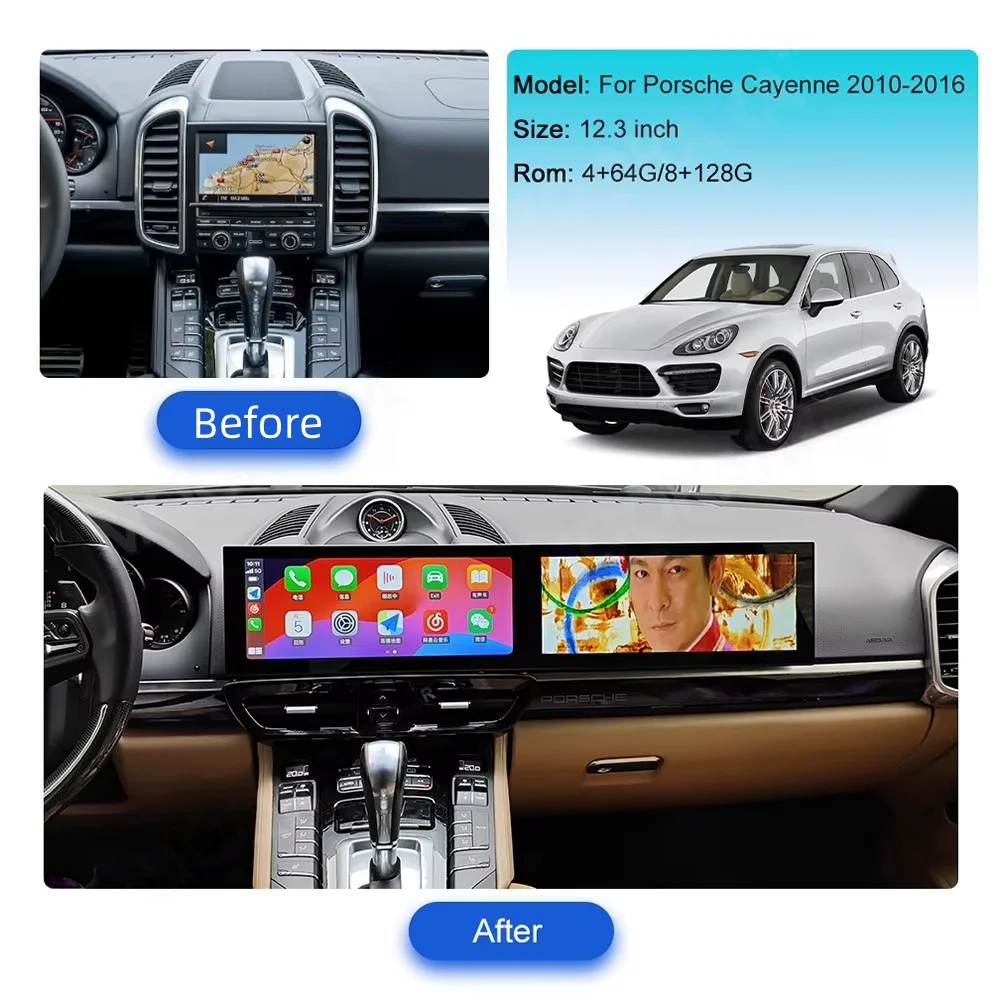 Car Radio Dual Screen For Porsche Cayenne 2010 2011-2017 Upgraded Interactive Media Video Player 12.3 Inch Android 13 Carplay