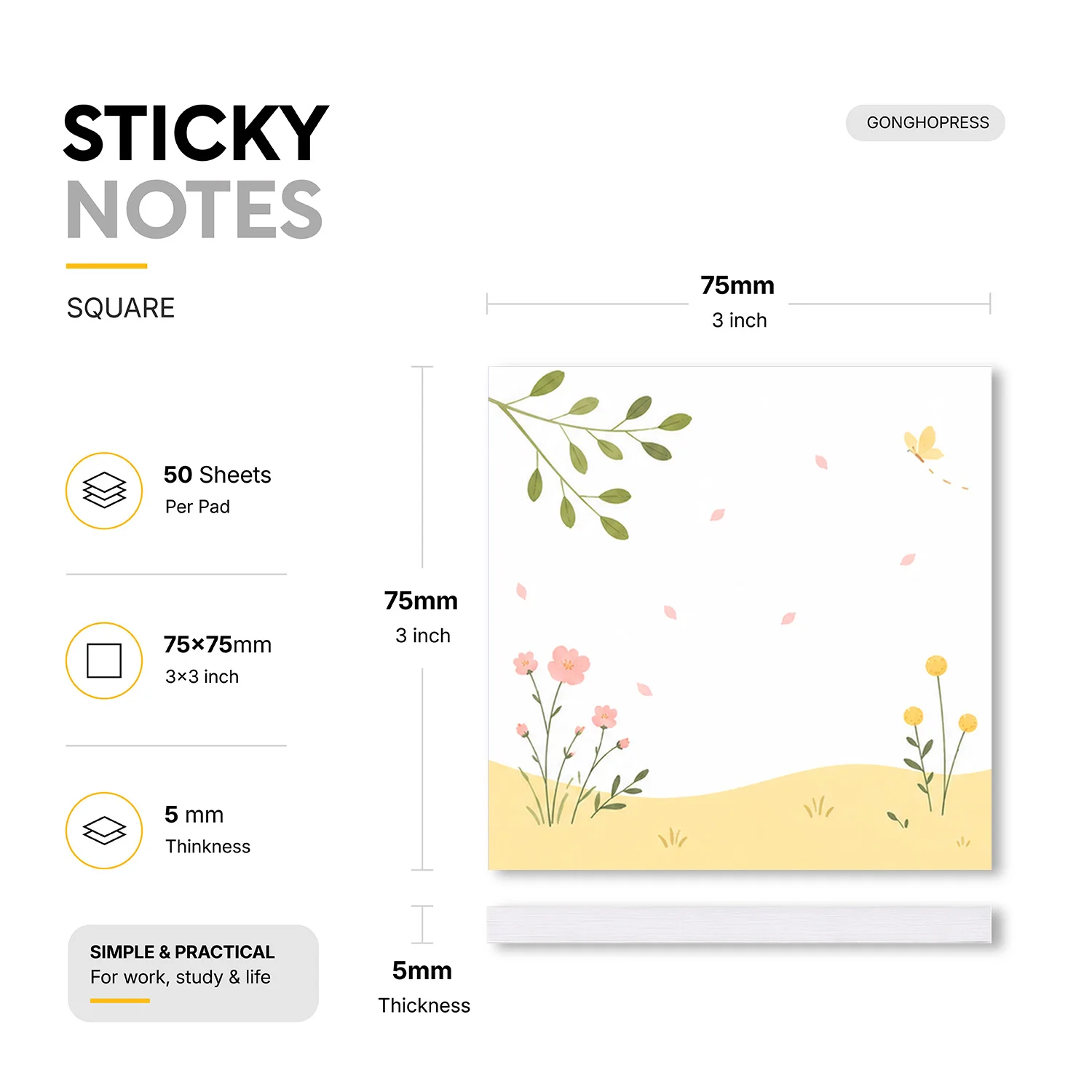 2pcs Floral Sticky Notes, 100 Sheets Total, 3x3 Inch Self Stick Memo Pads, Cute Square Sticky Note Pads with Flower and Leaf