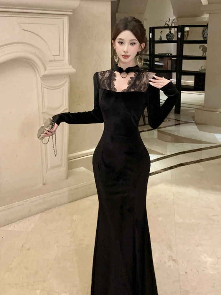 Elegant Black Lace Splicing Velvet Fish Tail Skirt Sexy Hollow out Waist Cinched Long Dress Vintage Style Evening Gown