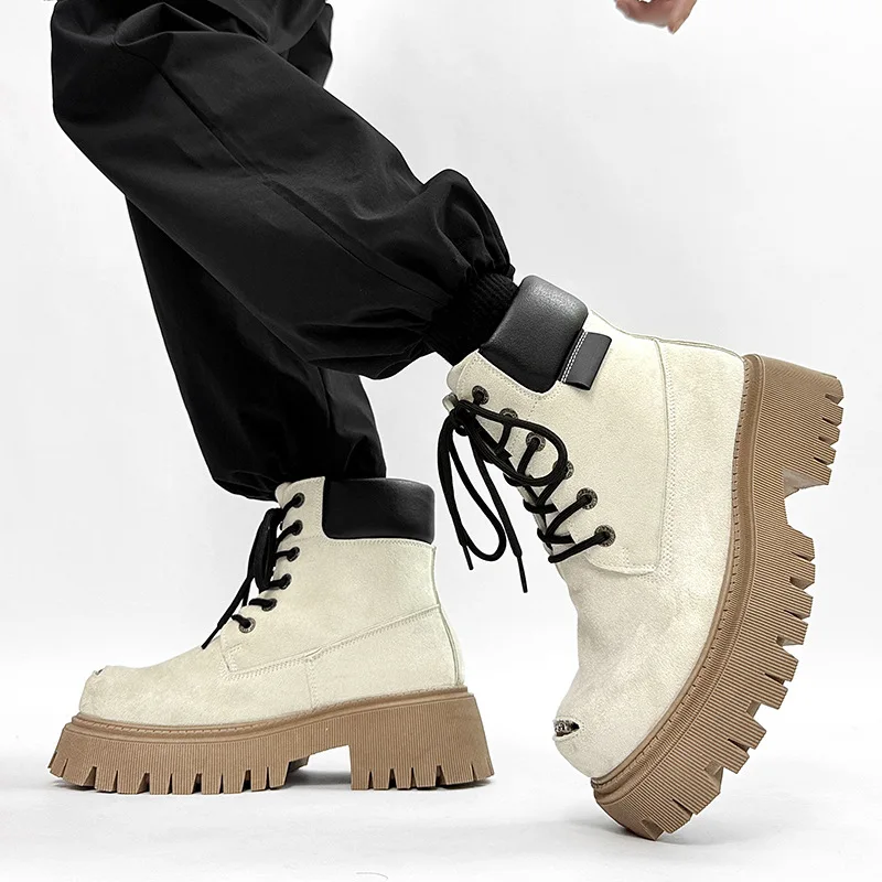Unisex Platform Boots 2026 Winter Suede PU Round Toe Lace-up Thick Lug Sole Height Increase Moto Footwear Multi-color