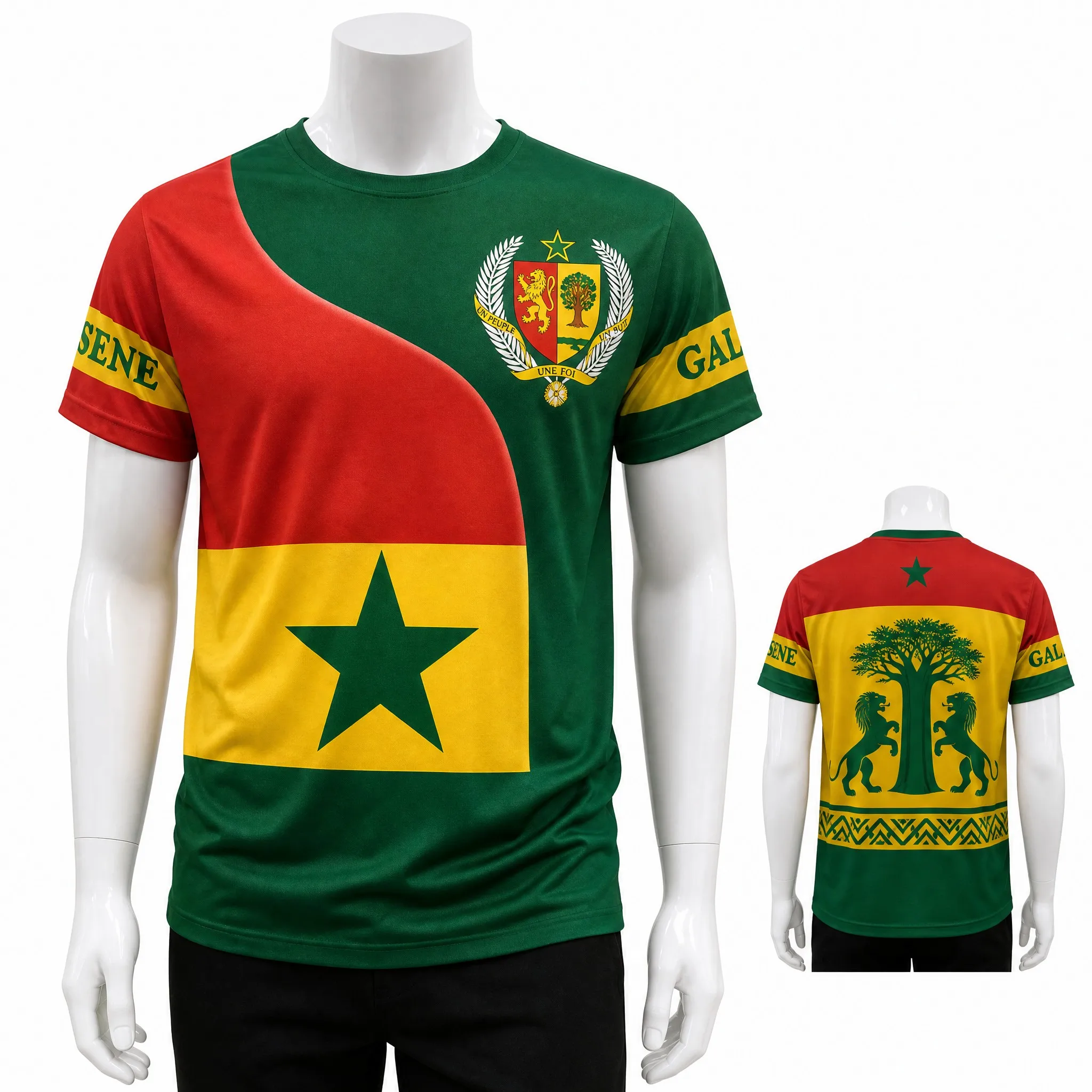 Senegal Mens Crest Tree Graphic Tee Green Flag Panel Shirt Short Sleeve Football Fan Top Street Stadium Casual Wear Summer Style