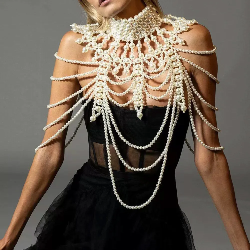 Cadena de cuerpo de perlas tejida hecha a mano, cadena de cuerpo con borlas y cuentas de perlas de imitación, accesorios elegantes para fiesta de boda y Baquet para mujer