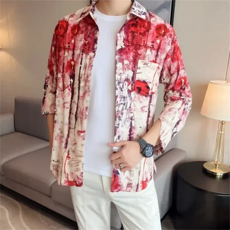 

Мужские новые модные роскошные рубашки с цветочным принтом большого размера, винтажная повседневная рубашка с длинным рукавом и графическим принтом розы, мужская рубашка Camisa Hawaiana Hombre