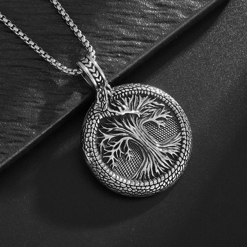 Vintage Ouroboros Wrapped Tree of Eternity Pendant Necklace Men Punk Cool Jewelry Gift