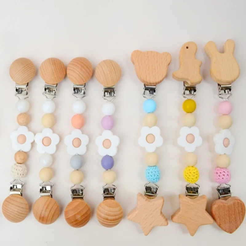 

BAP Free Silicone Beads Baby Pacifier Clips Natural Beech Wood Newborn Dummy Nipple Clip Holder Teething Toys Kid Pacifier Chain