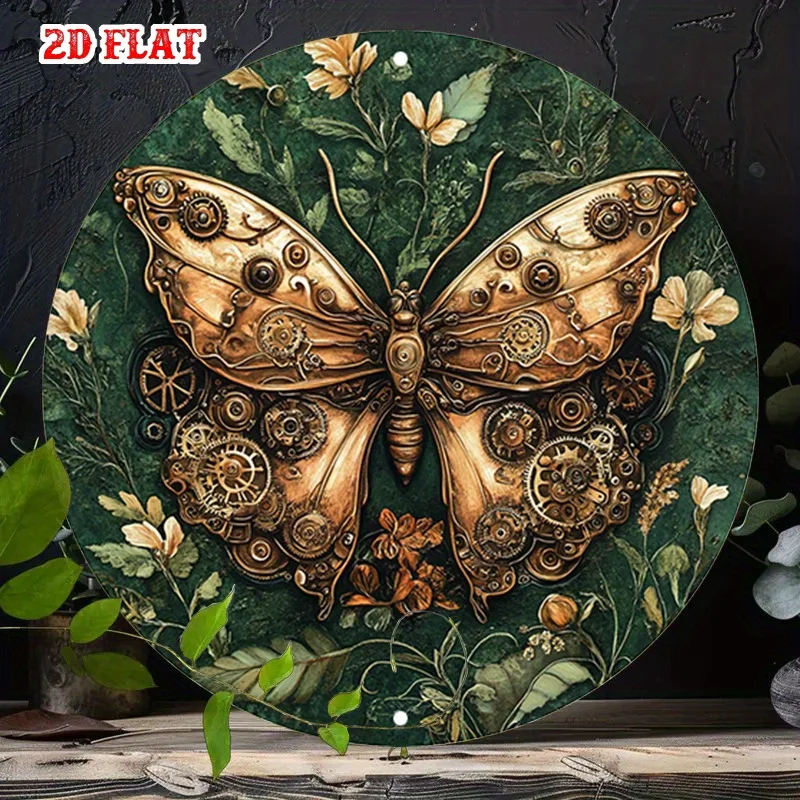 2D Flat 1pc  Tin Sign Featuring Mechanical Butterfly with A Nature-Inspired Backdrop Round Poster for Tranquil Beach House Backy