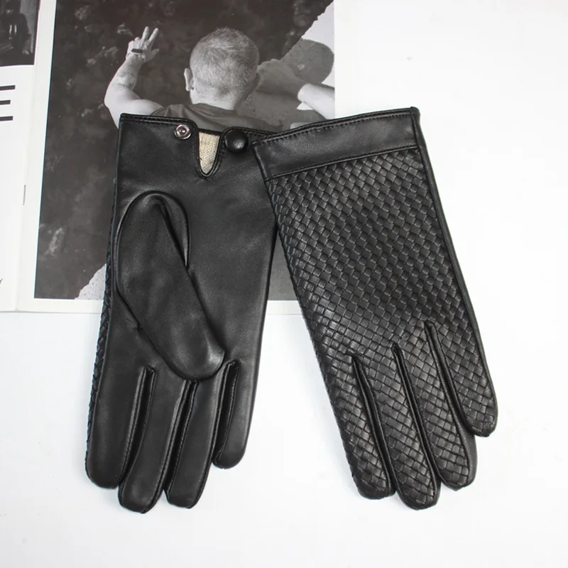 High quality men's sheepskin gloves woven style touch screen with 70% wool knitted lining genuine leather gloves