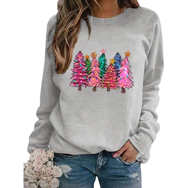 

Christmas Sports Shirt Women's Colorful Patterned Shirt Holiday Party Long Sleeved Pullover Gray