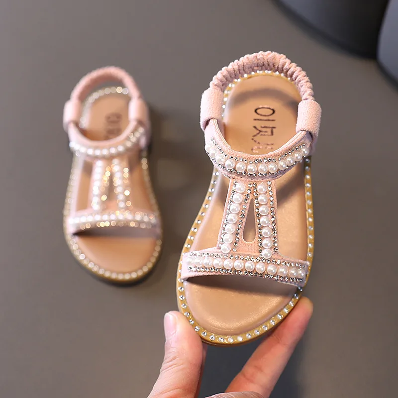 Sandalias Kid Sandals 2023 Summer New Pearl Girl Sandals Open Toe Princess Shoe Soft Sole Girl Shoe Fashion Beach Shoes Kid Shoe