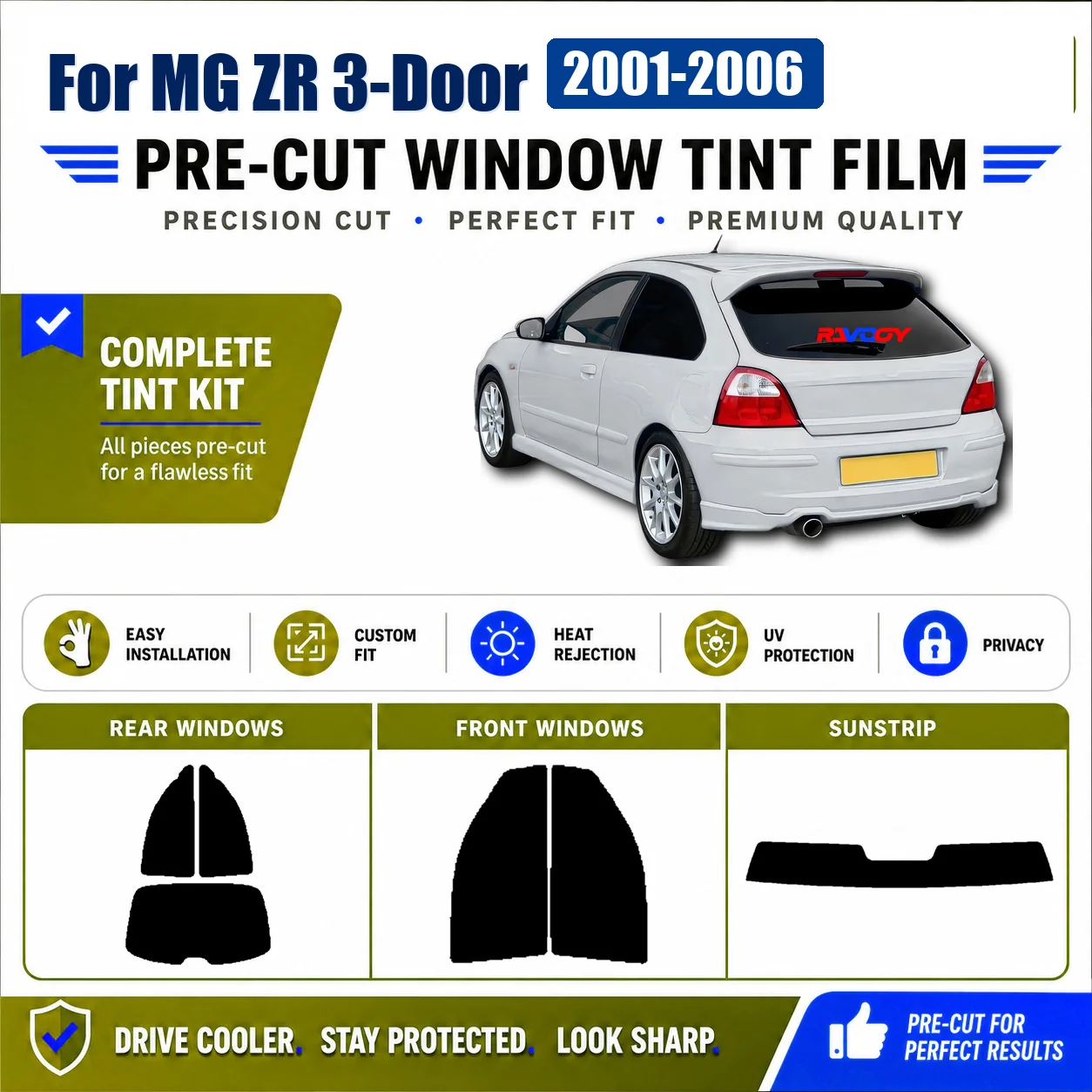 For MG ZR 3-Door 2001-2006 Sun Shade Film Precut Complete Window RAVOOY Heat Reject