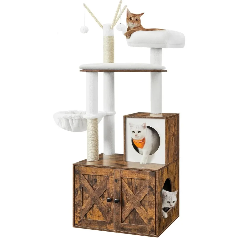 

Cat Tree with Litter Box Enclosure, 2-in-1 Modern Cat Tower, 55.1-Inch Cat Condo with Scratching Posts, Removable Pompom Sticks