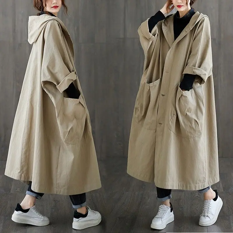 Outono solto novo estilo tamanho grande acima do joelho longo padrão grande bolso trench coat casaco feminino com capuz deslocamento pousio