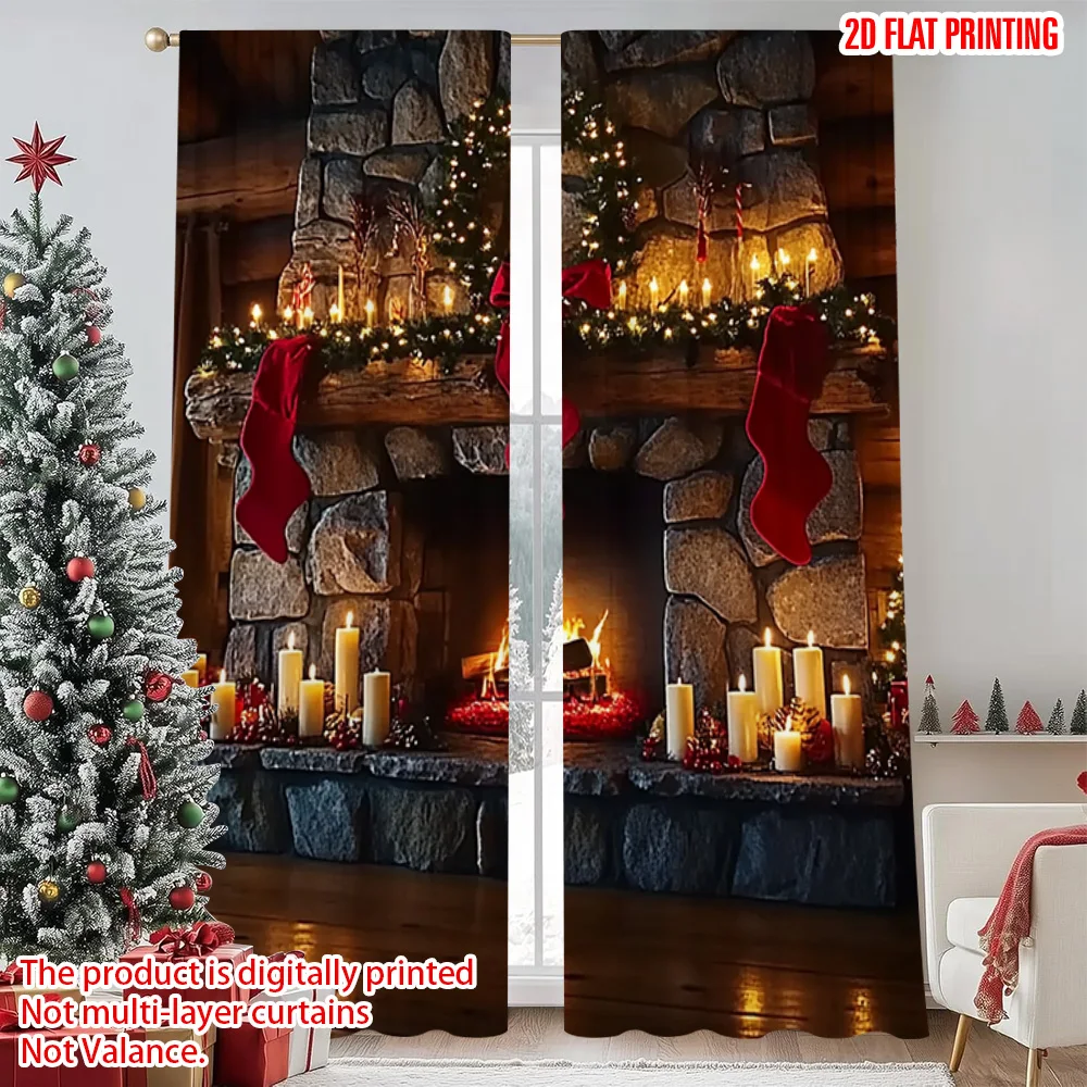 

2pcs 2D flat printing Merry Christmas Curtains Country Style Stone Fireplace Machine Washable Fabric Without Electricity