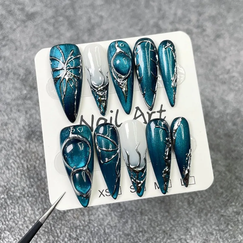 10PCS Gothic Y2k Long Stiletto Press on Nails Burgundy Red Gradient Handmade 3D Silver Metal Line Heart Designs False Nails Tips view 4