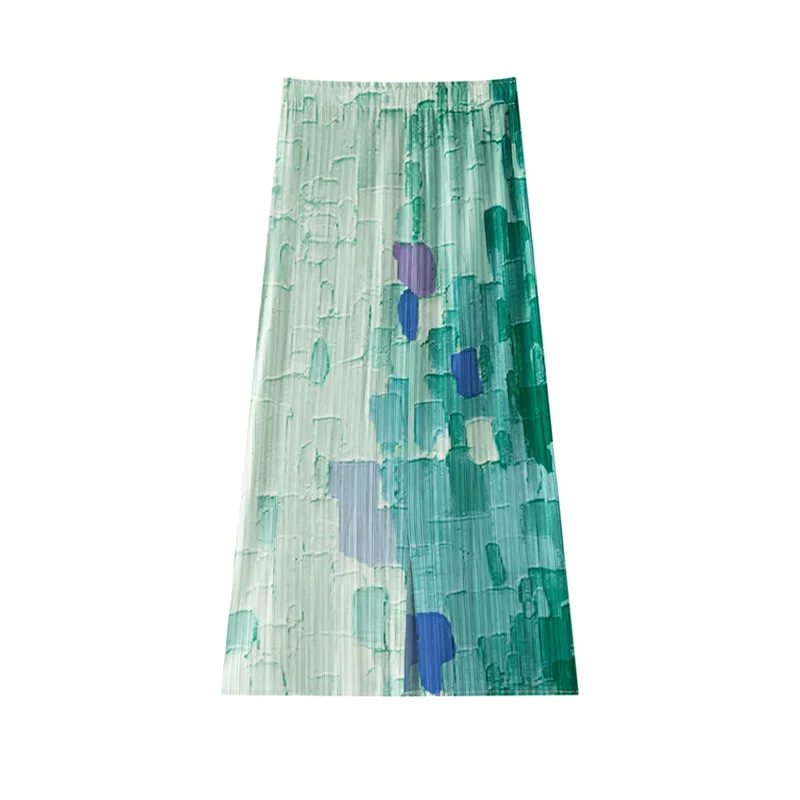 Miyake Pleated 2026 Spring New Printed Colorful Checkered Skirt Women's Mid Length Casual Fashion High Waist Straight Skirt