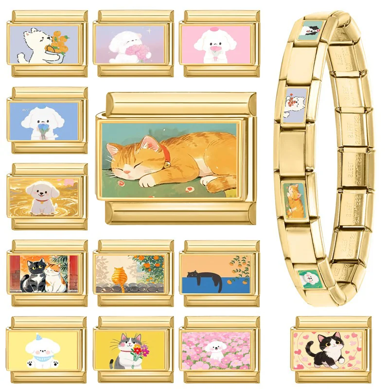 2025 Cute Cat Dog Ginger Cat Vintage Golden Italian Charm Links Fit 9mm Bracelet Stainless Steel DIY Jewelry Making Dropshipping