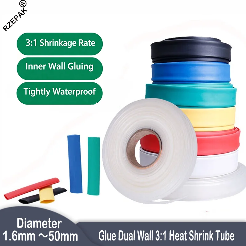 1M With Glue Dual Wall 3:1 Heat Shrink Tube 1.6/2.4/3.2/4.8/6.4/7.9/9.5/12.7/30/50mm Shrinkable Tubing Adhesive Wrap Wire Sleeve