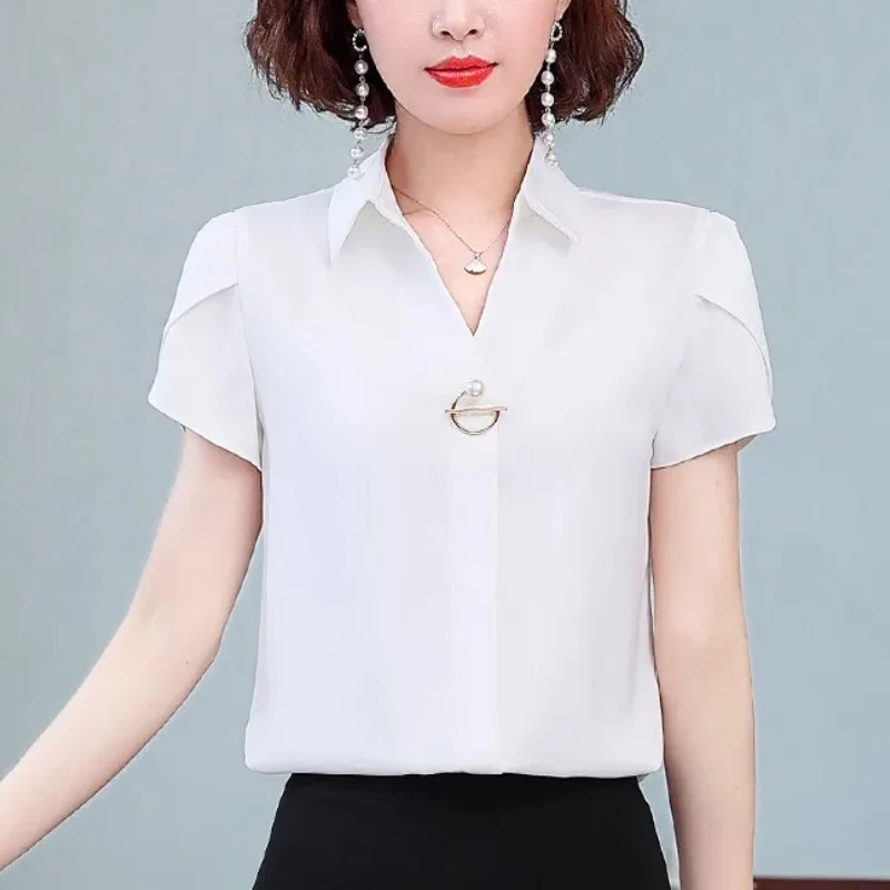 Women's Solid Color Turn-down Collar Summer Pullover Patchwork Short Sleeve Rivet Chiffon T-shirt Elegant Clothing Vacation Tops