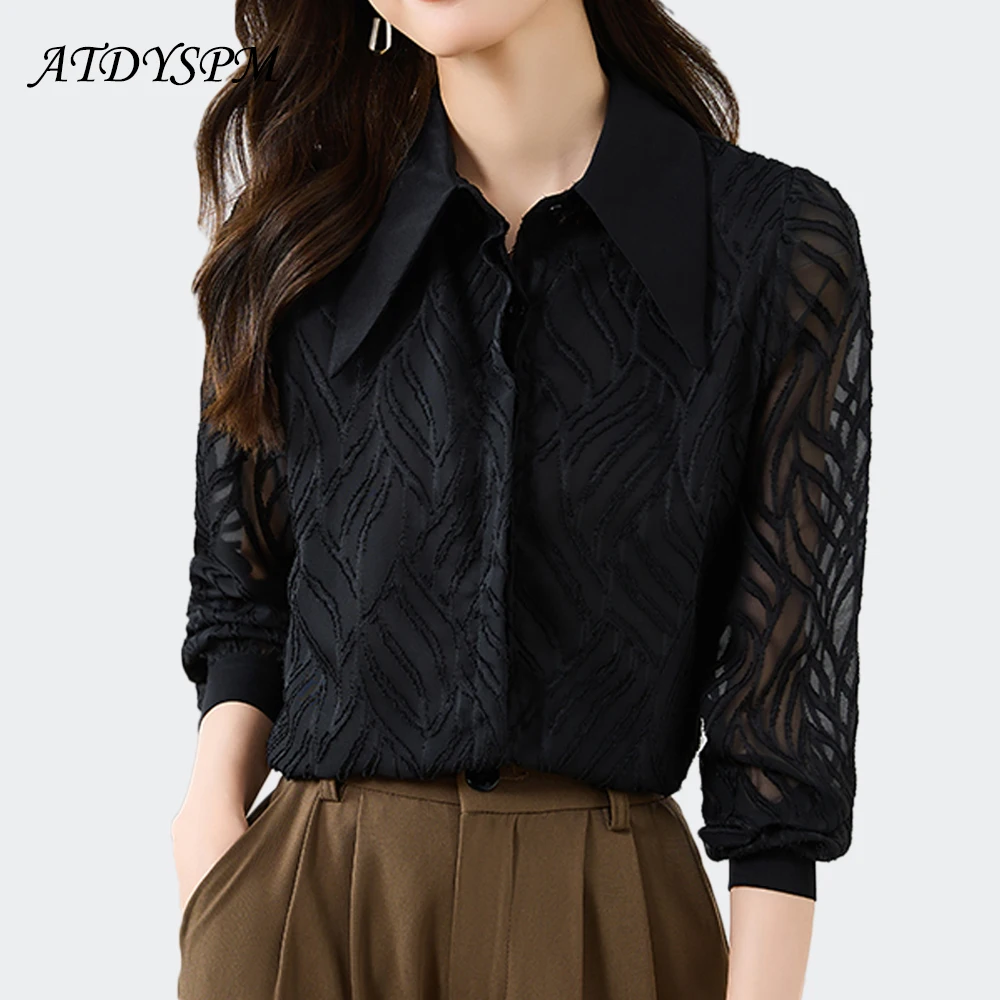 

Elegant Jacquard Black Hollow Out Fashion Women Blouse Harajuku Style Long Sleeve Women Shirts Casual Tops Women Camisas Blusas