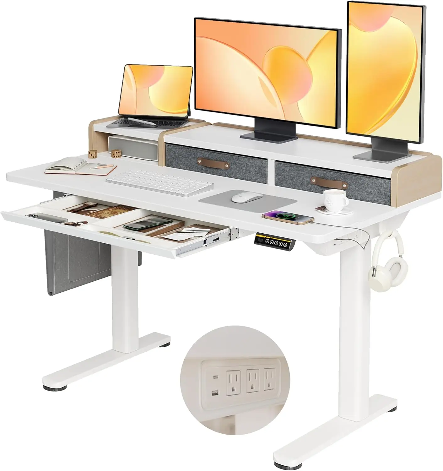 

Standing Desk, Computer Office Desk with Power Outlets and Type-C, Stand Up Desk with Drawers and Shelves, 48 inch, White
