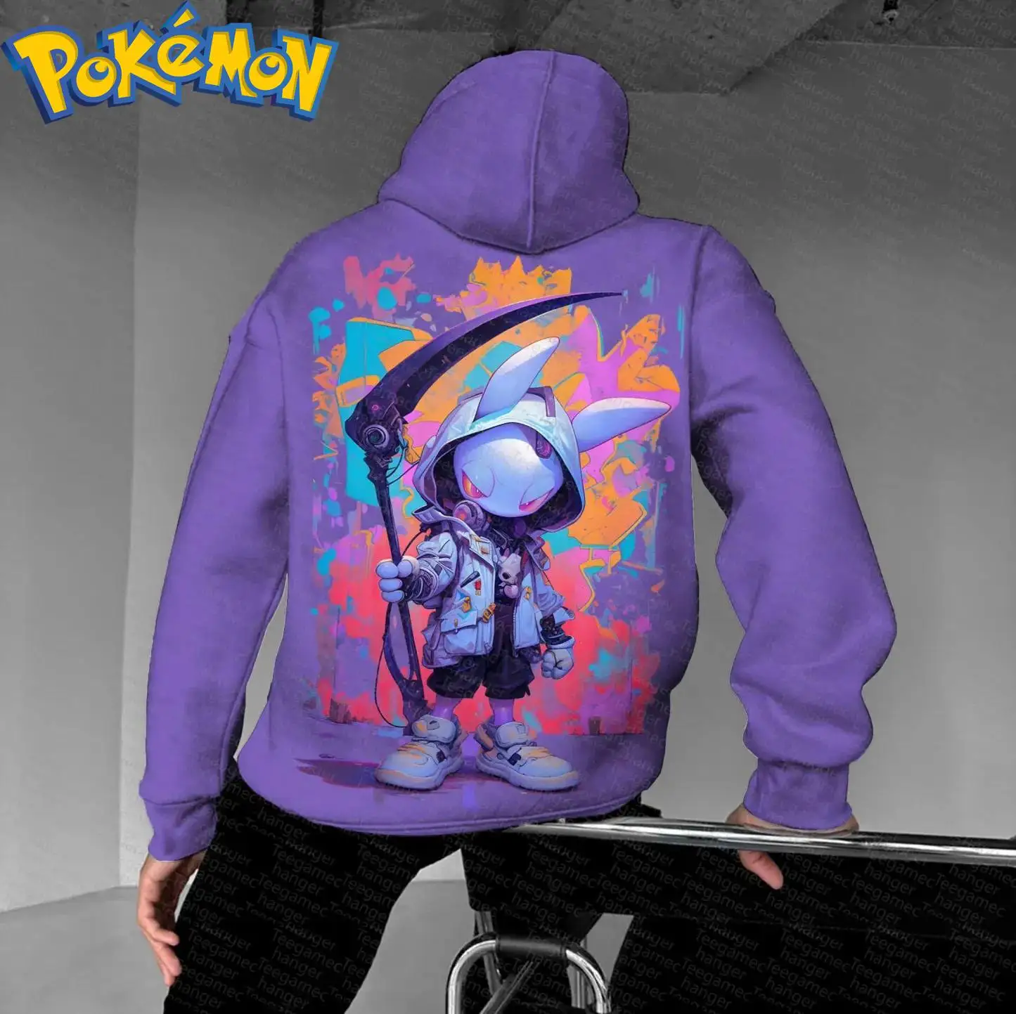 بوكيمون أنيمي بيكاتشو قلنسوة من القطن Harajuku فستان أطفال مع سروال داخلي طباعة شخصية أرجوانية مع غطاء محرك السيارة نمط ترشيش النيون قطعتين #3