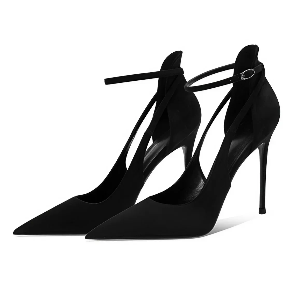 Black Suede One-Word Buckle With Hollow Pointed Toe Temperament High Heels Sexy Single Shoes For Women Stiletto Pumps