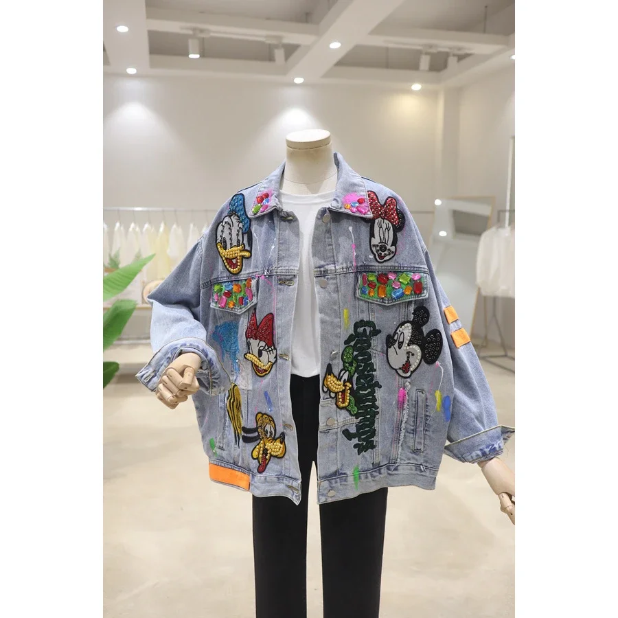 New Top Denim Jacket Fashion Sweet Cartoon Diamond Embroidery 2023 Autumn Clothing Loose Washed-out Jeans Coat Outwear