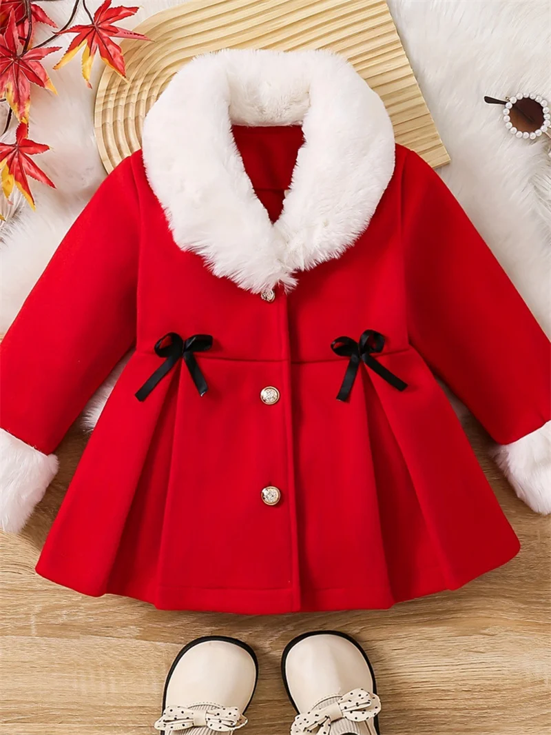 

Girls' Woolen Jackets Princess Elegant Fur Lapel Hair Cuffs Bowknot Coats Baby Kids Single Breasted Tweed Coats Toddler Clothing