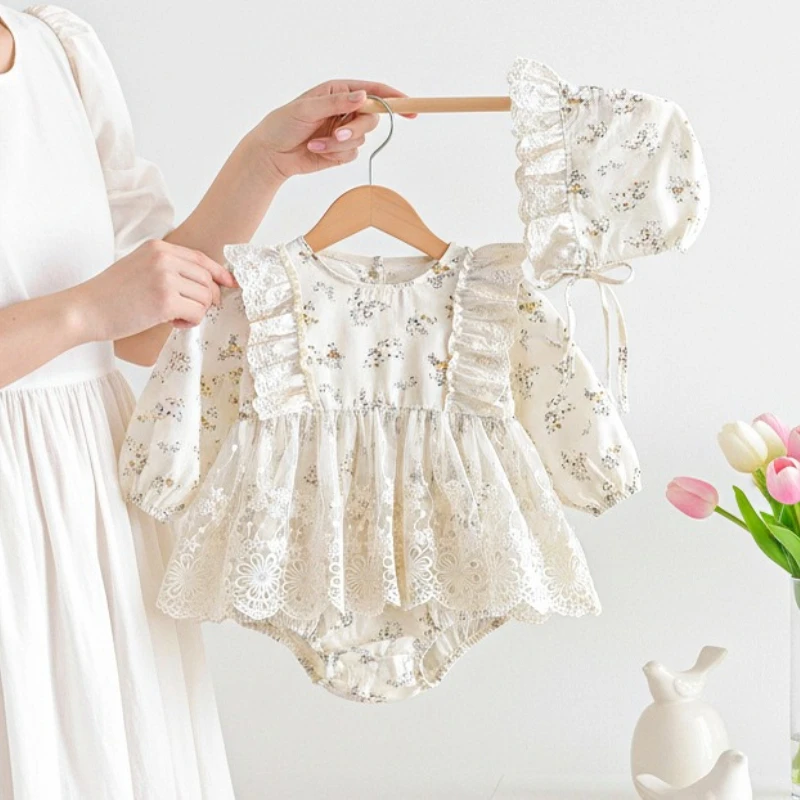 

2026 Four Seasons Hot Selling New Sweet Floral Baby Long Sleeve Cotton Splicing Lace Climbing Clothes