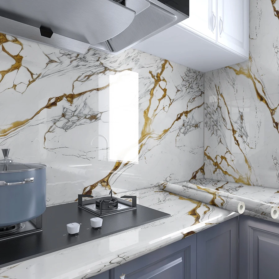 

A Roll of Thickened Gilt Marble Pattern Self-Adhesive Wallpapers Are Waterproof, Oil-Resistant and Easy to Clean, Suitable for Living Room, Bedroom, Bathroom and Staircase Wall Decoration