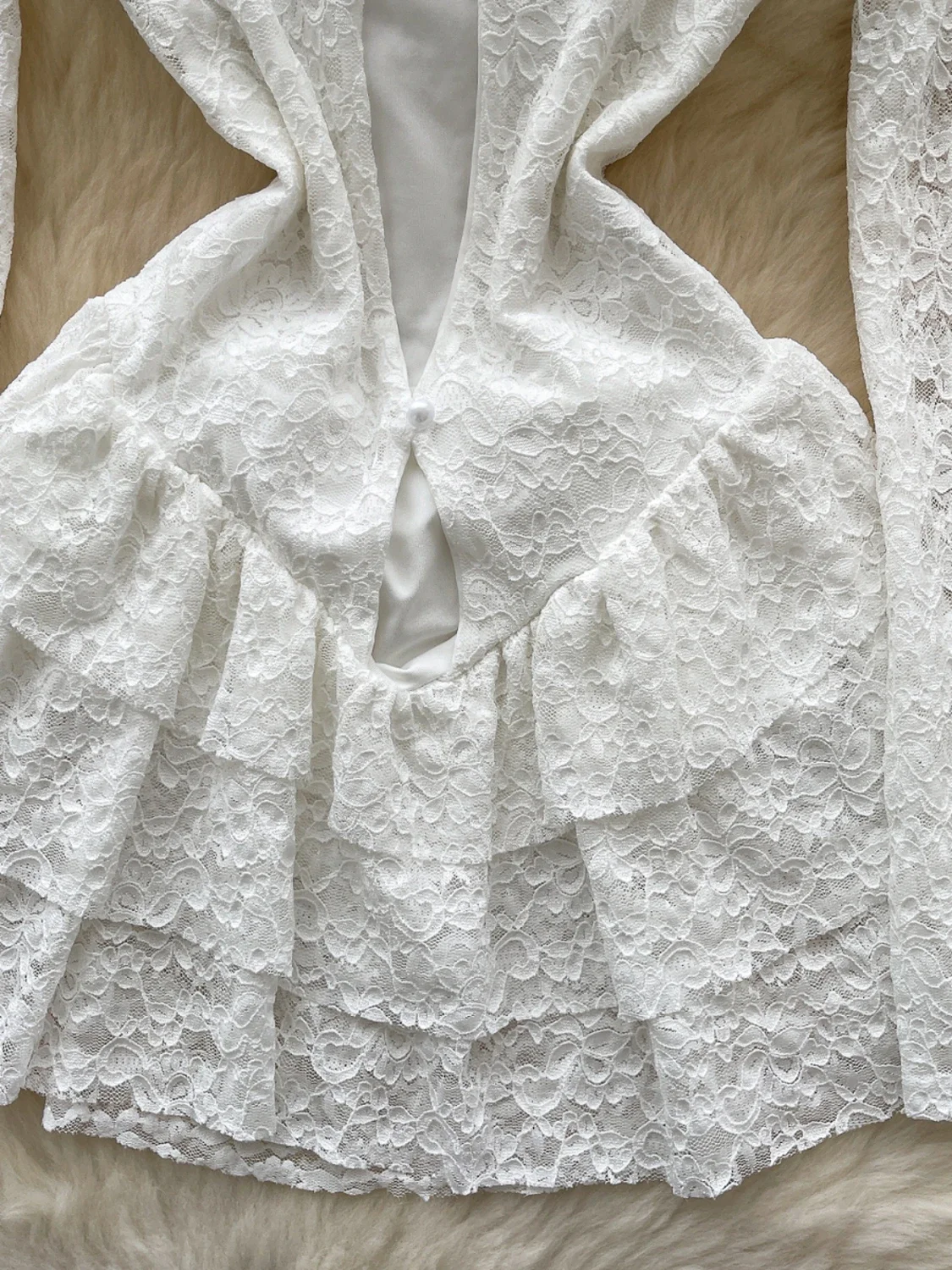 SsTss Vintage Lace Dress Damska wiosna lato długi rękaw wycięcie dekolt wąska talia marszczony brzeg linia A biała sukienka Boho Chic