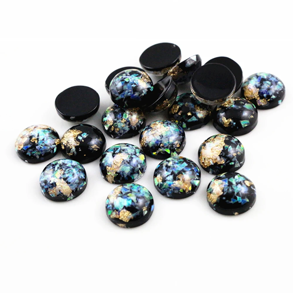 Nowa moda 40 sztuk 8mm 10mm 12mm czarne kolory wbudowane w metalowy folia płaskie tylne żywica Cabochons Cameo