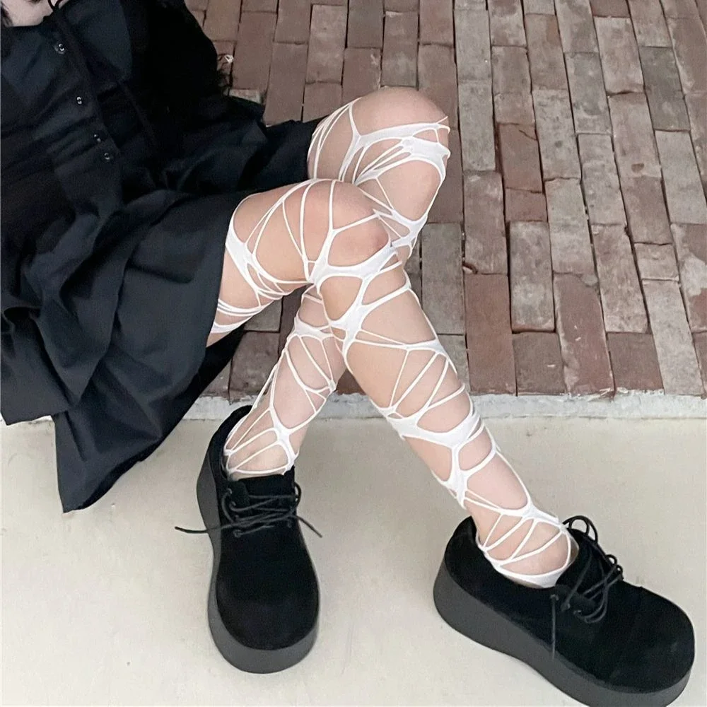 Women Punk Style Pantyhose Girlfriend Hole Bodystockings Sexy Torn Strap Gothic Thigh Knee Socks Ragged Female Thigh High Tights