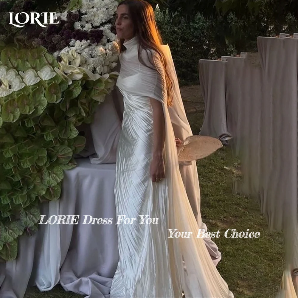 LORIE High Collar Crepe Mermaid Wedding Dress Pleats Short Sleeve High Collar Bridal Gown Customized Bride Dress Party Dress
