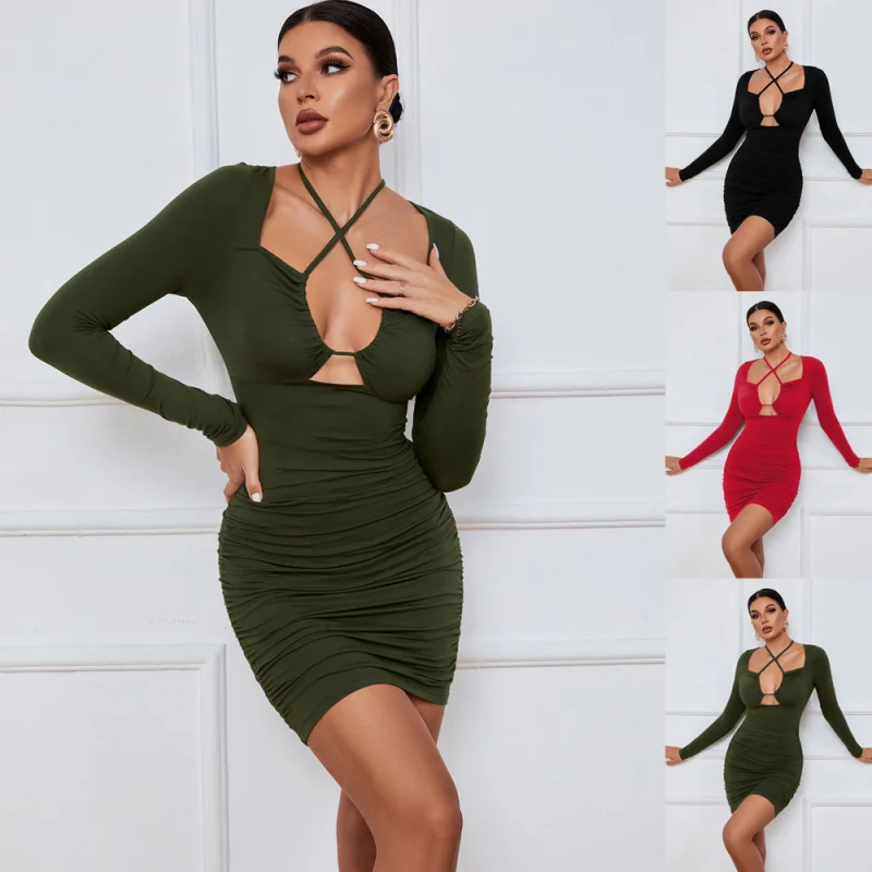 

YQ1-Women's Sexy Hollow Out Tie Waist Slimming Fashion Tight Dress Short Skirt Bodycon Long Sleeve Dress