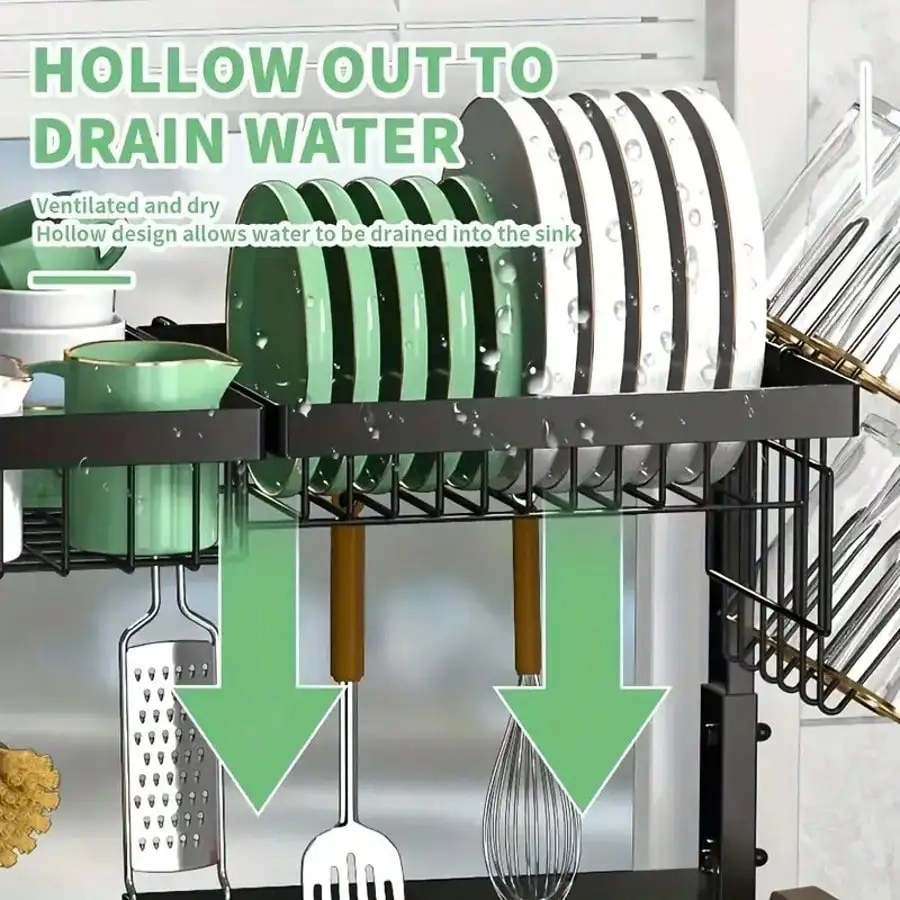 Adjustable Over Sink Dish Drying Rack-Multifunctional Kitchen Organizer With Utensil Holder,Cutting Board Storage&Drain Basket