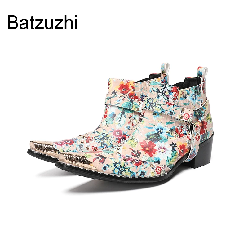 Batzuzhi 6.5cm High Increased Men's Boots Fashion Flowers Print Leather Ankle Boots Man Slip on Business, Party Boots for Man