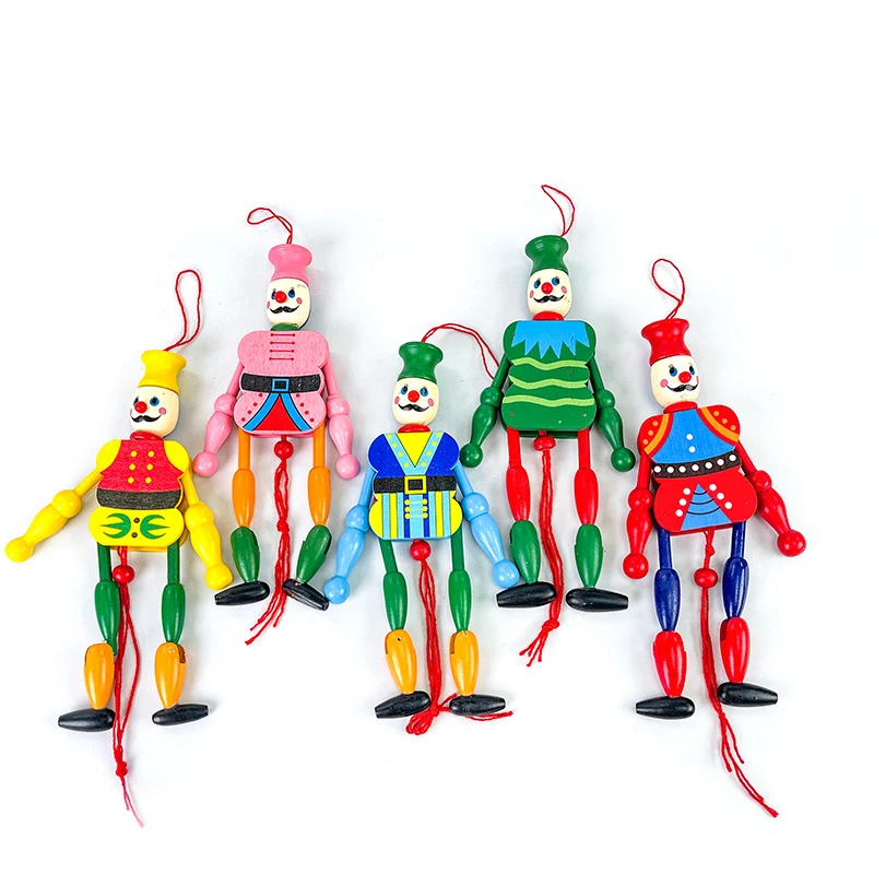 New Colorful Wooden Pull Line Clown Toy Classic Nostalgic Craft Kids Funny Marionette Toys Cartoon Pulling Line Doll Toys