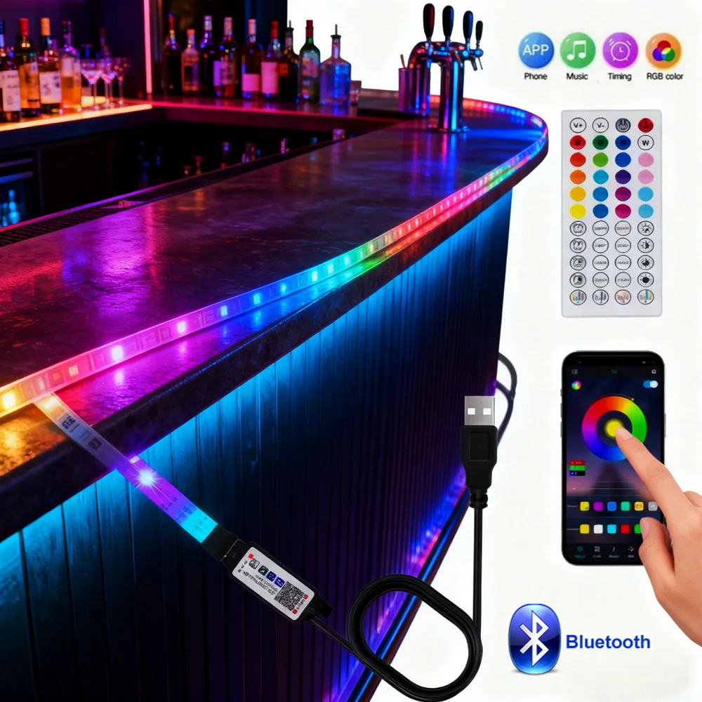 

USB 5V Flexible RGB LED Strip Lights 44Keys Bluetooth Music Sync APP Remote for TV Backlight Room Lighting Decoration