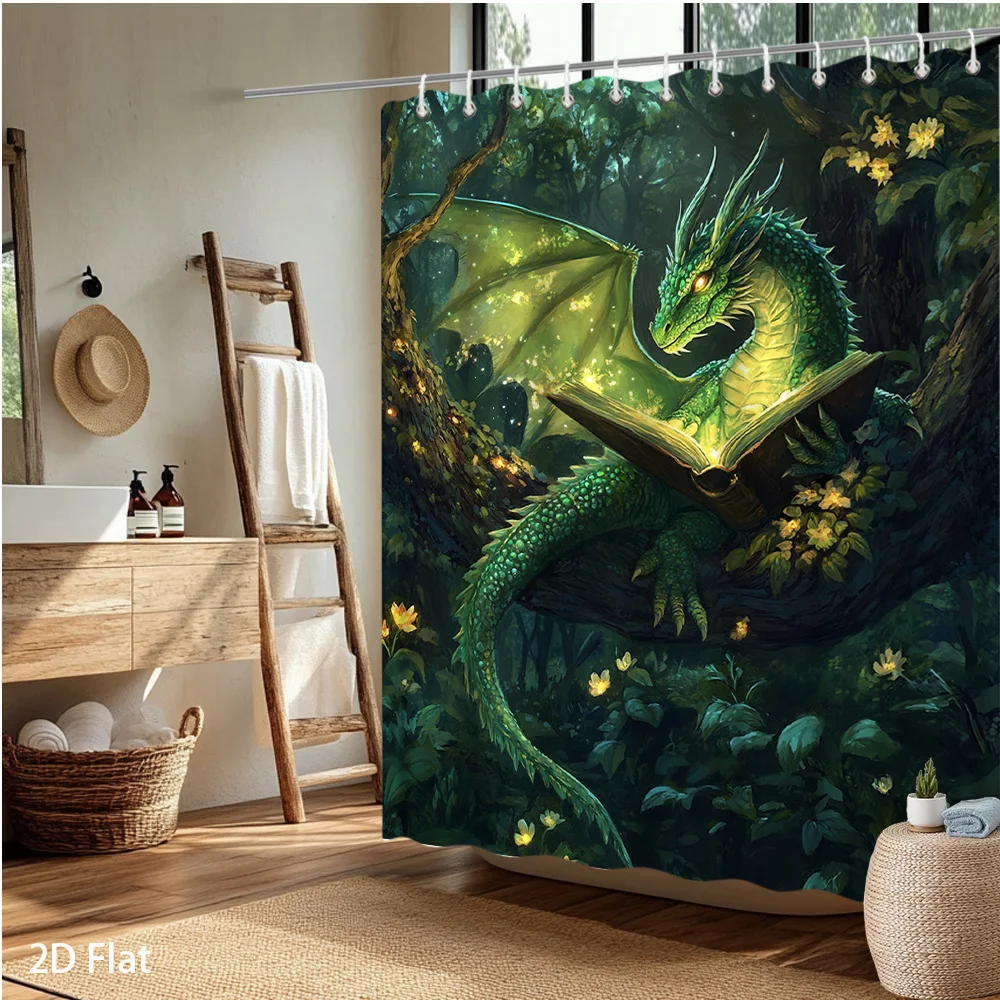 Enchanting Dragon Reading Book Forest Shower Curtain Waterproof Bathroom Decor Fantasy Art Print