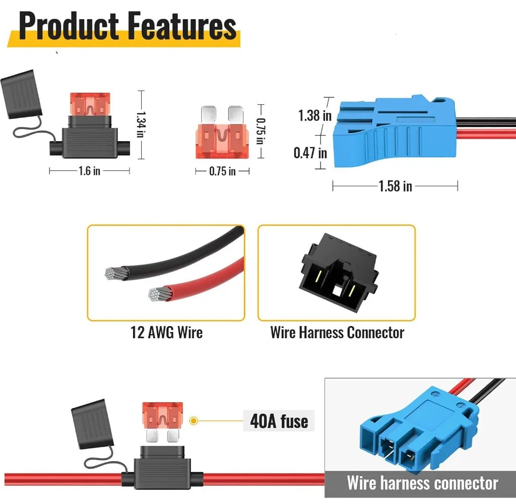 Power Wheels Adapter for Bauer 20v Li-ion Battery with Wire Connector Compatible with Peg-Perego Ride-on Car 12AWG 40A Fuse