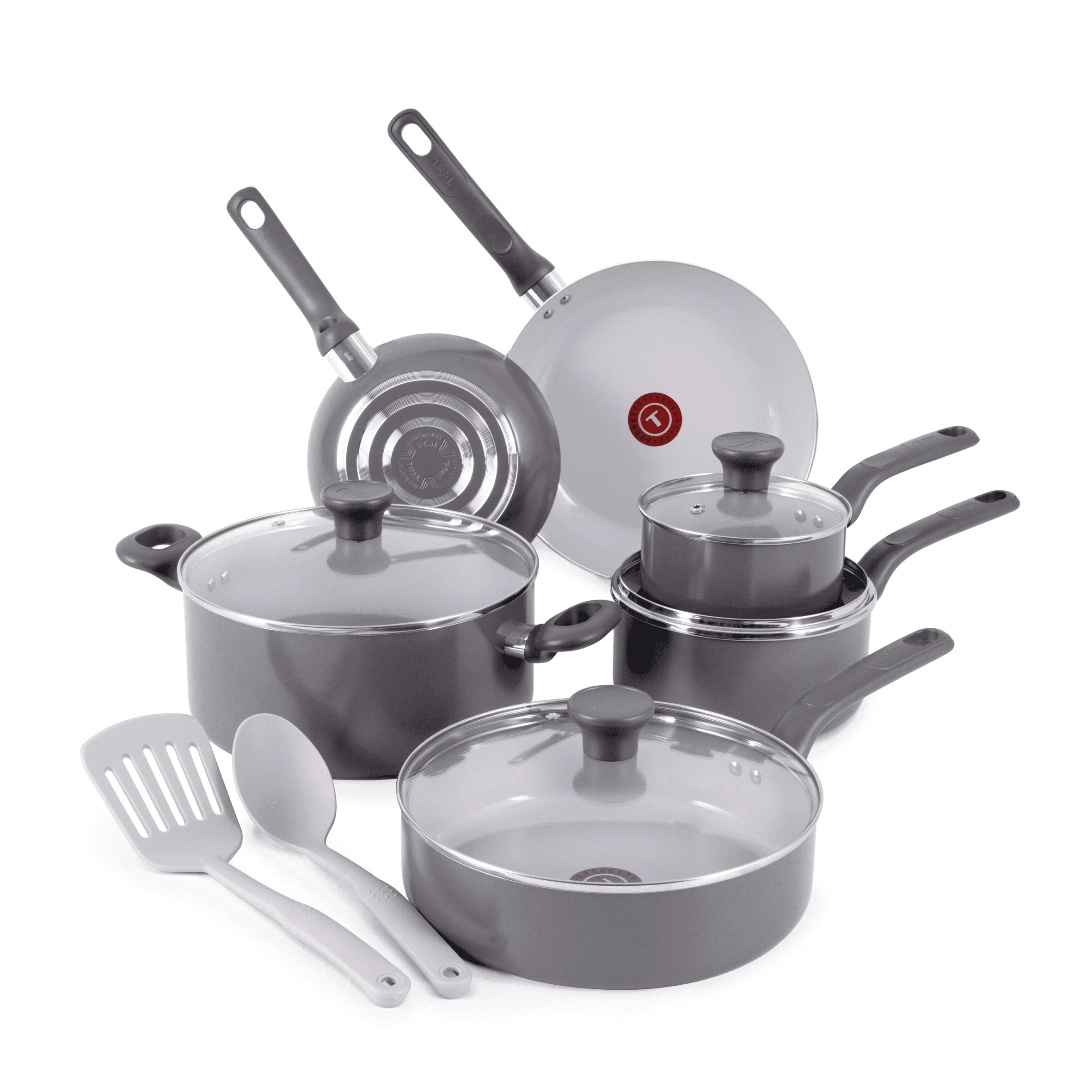 

Easy Care Ceramic Non Stick 12 Piece Pots and Pans Cookware Set Grey Stylish and Practical Design Vented Glass Lids