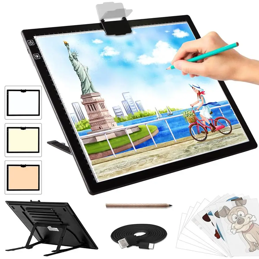 

Light Pad Rechargeable Diamond Painting Light Board with Stand, 3 Colours Stepless Dimmable 6 Levels Brightness Tracing Light Bo