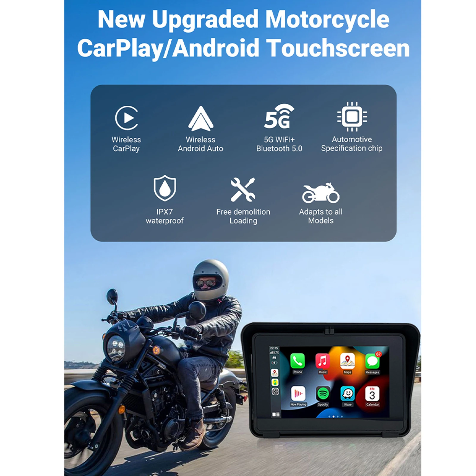 5 Inch IPS HD Motorcycle CarPlay Motorcycle Navigation IPX7 Waterproof Dual Bluetooth Connection Wireless CarPlay Android Auto