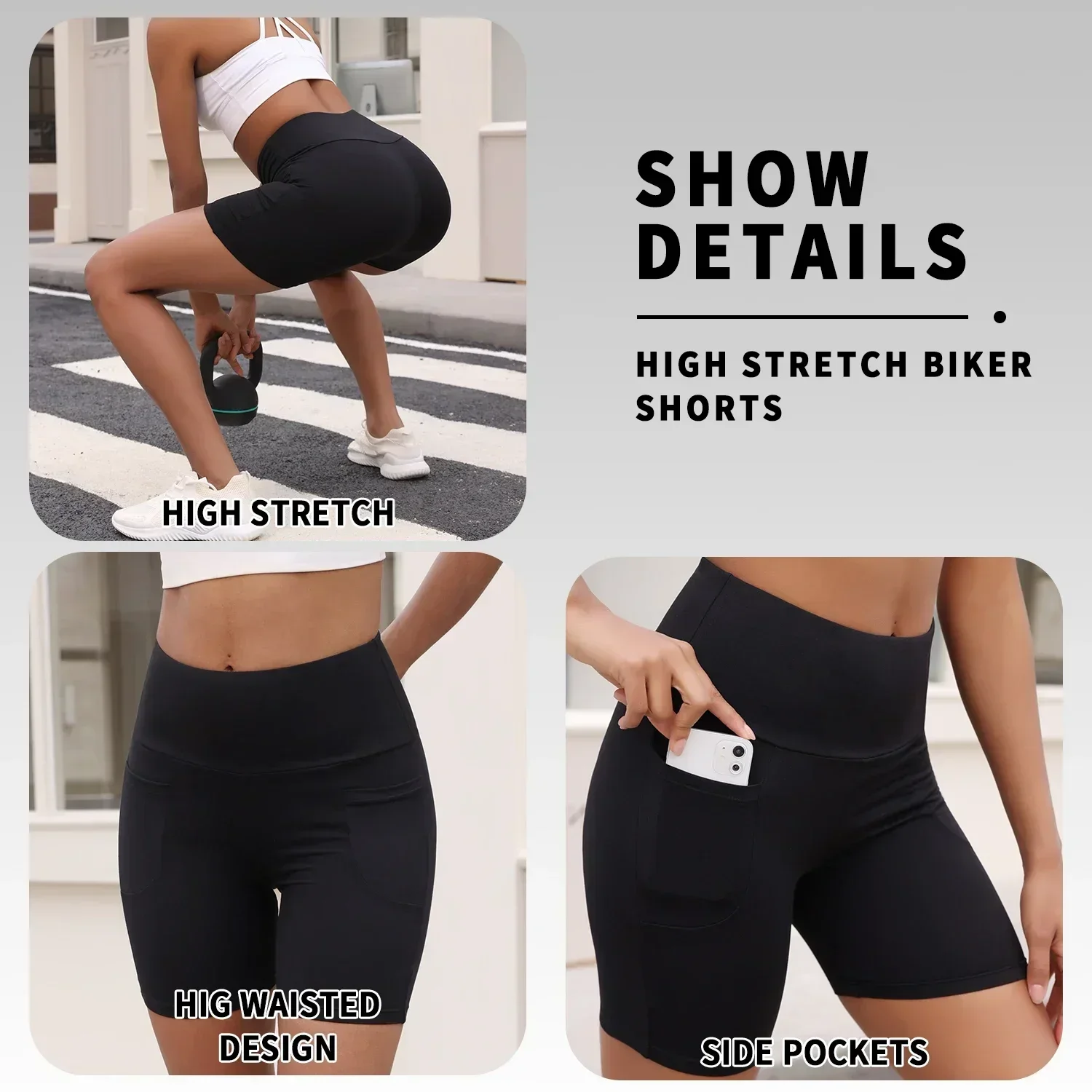 Damskie spodenki kolarskie z wysokim stanem, z kieszeniami, super miękkie, nieprześwitujące, do ćwiczeń, biegania, jogi, sportowe, modelujące, na siłownię.