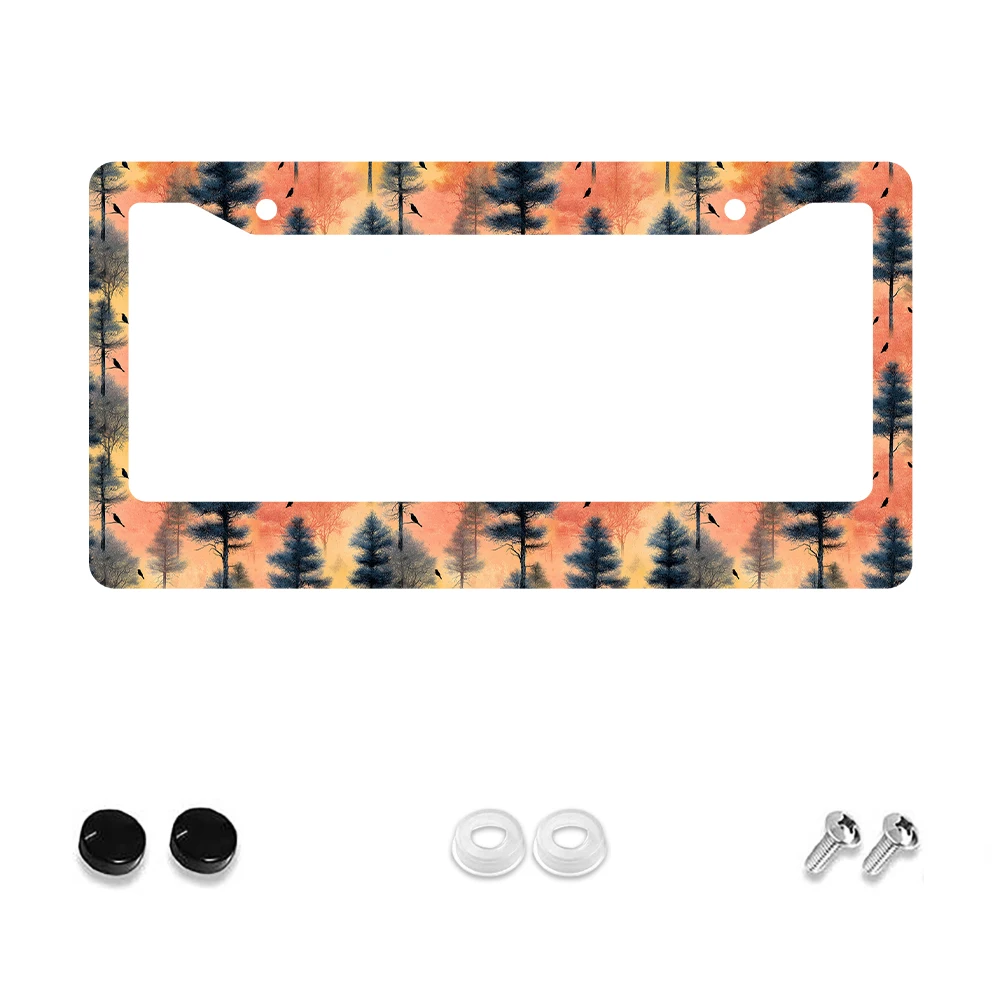 

1pc Retro Orange Blue Forest Pattern 2-Hole License Plate Frame Aluminum Material 6x12 Inches with Screw Set Car Decoration Gif