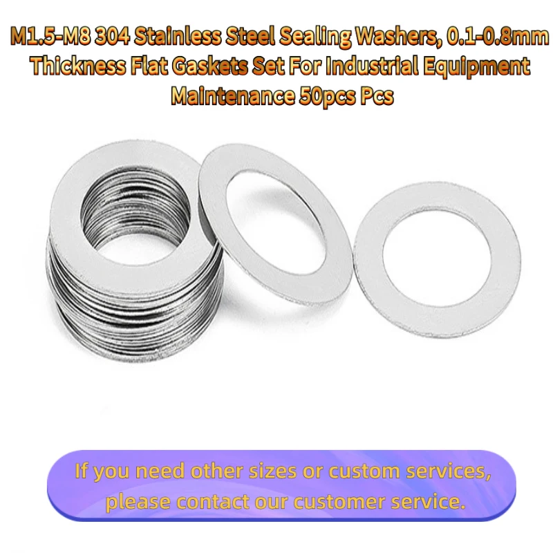 M1.5-M8 304 Stainless Steel Sealing Washers, 0.1-0.8mm Thickness Flat Gaskets Set Industrial Equipment Maintenance 50pcs Pcs