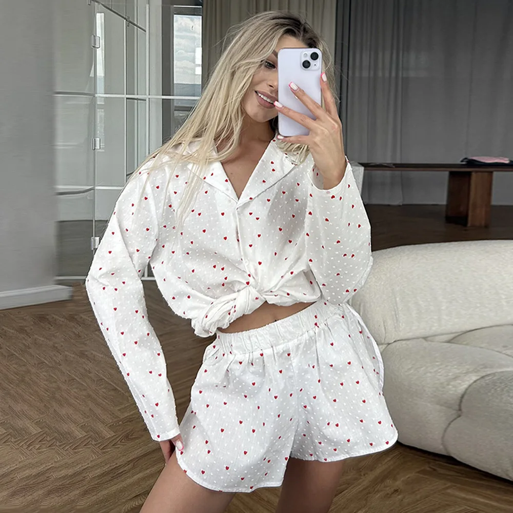 Love printed pajama set 2024 autumn new women's printed long sleeved shorts pajama two-piece set