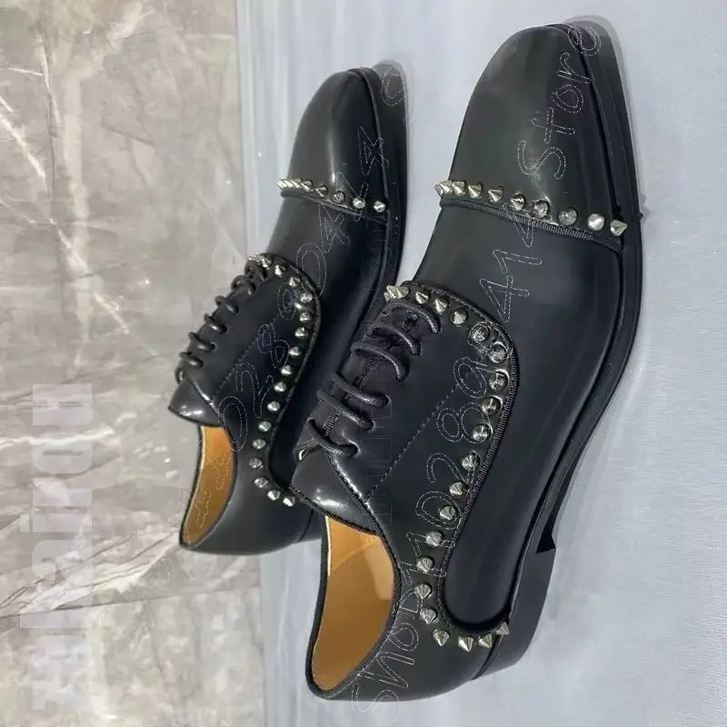 

Spikes Decor Black Square Toe Men Loafers Fashion Slip On Men Shoes Luxury Handmade Party Feast Banquet Office Men Dress Shoes